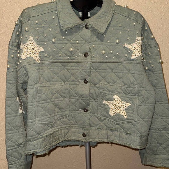 POL Seafoam Green Quilted Jacket with Star patchwork & pearl embellishment boho - Picture 3 of 13